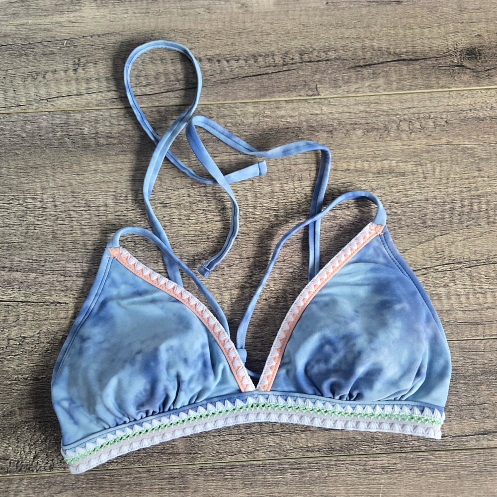 Xhilaration Blue Tie Dye Crochet Trim Triangle Bikini Top‎ Womens Medium Halter